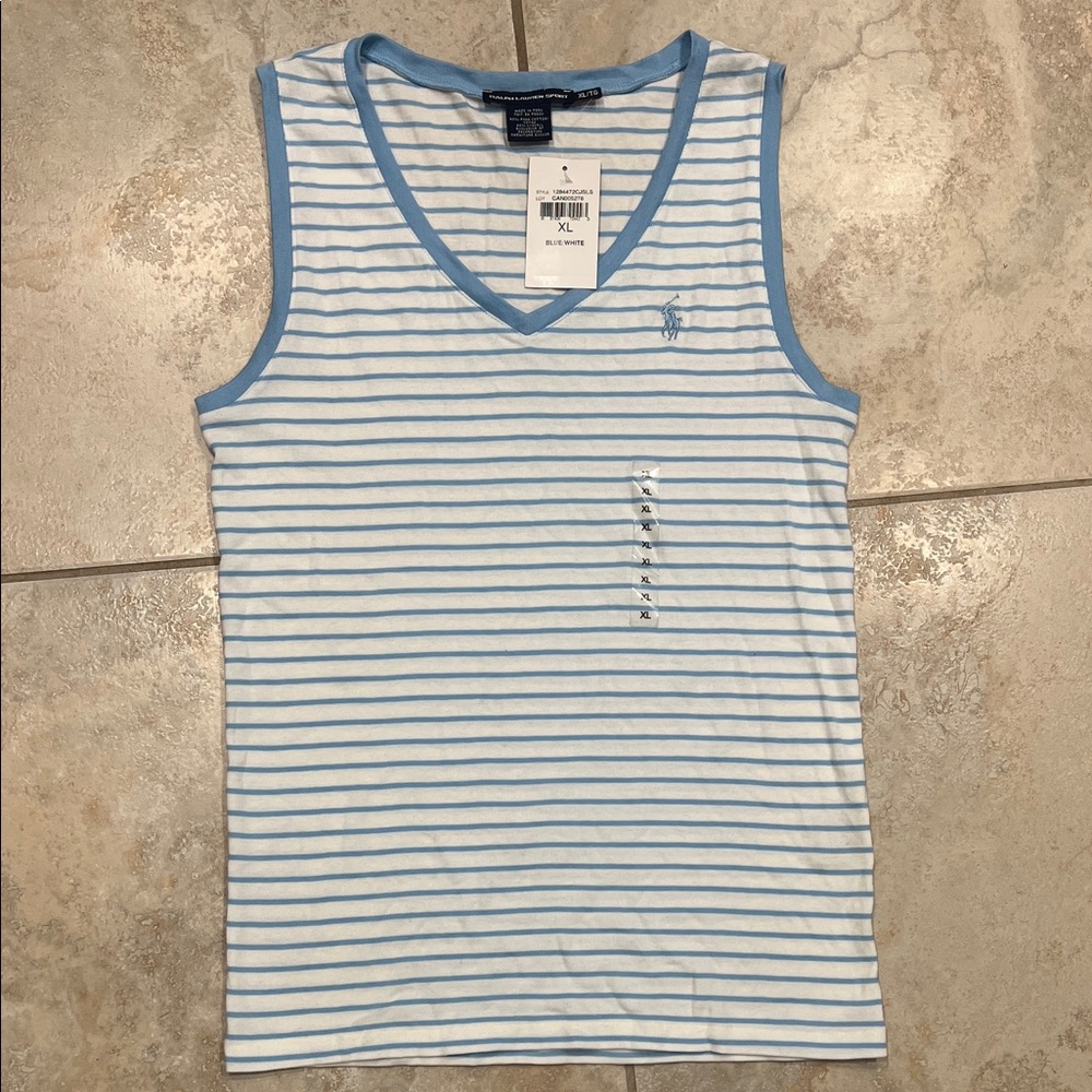 New Ralph Lauren Light Blue and White Striped Sleeveless Top, XL